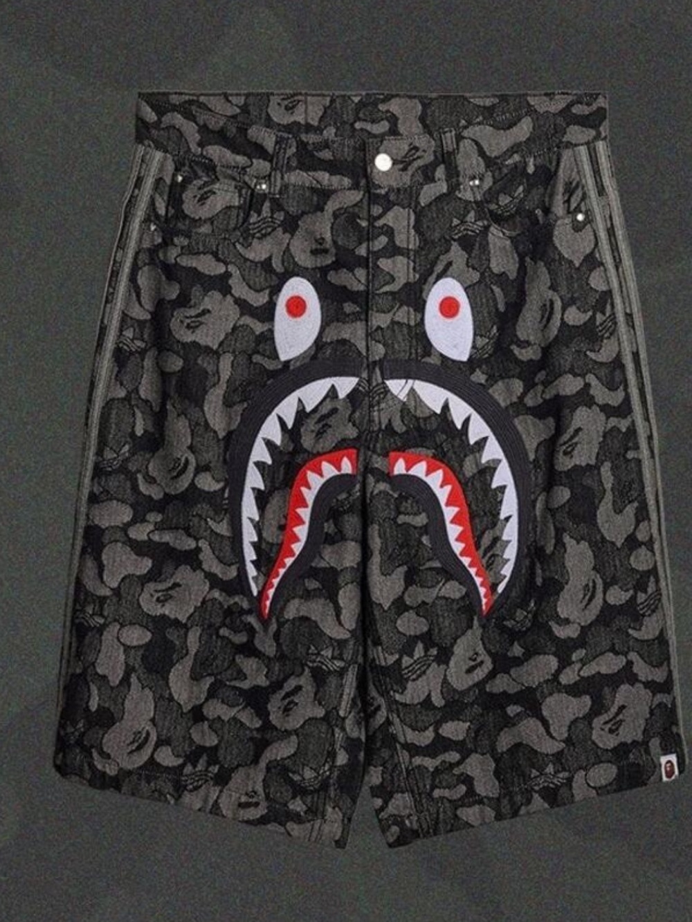 BAPE/ Adidas Special edition Black & Gray Camo Shark-Mouth Jean Shorts